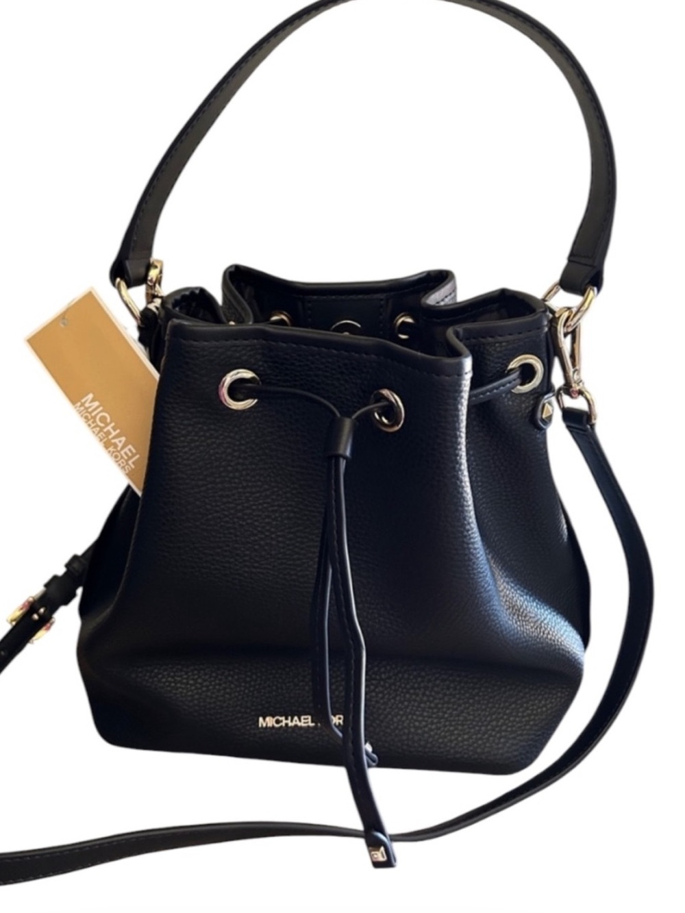 Michael Kors Black  Leather Drawstring Hobo Bucket Bag
